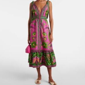 FARM Rio Fuchsia Floral & Green Ana Tapestry Pink Midi Dress NWT Size Large